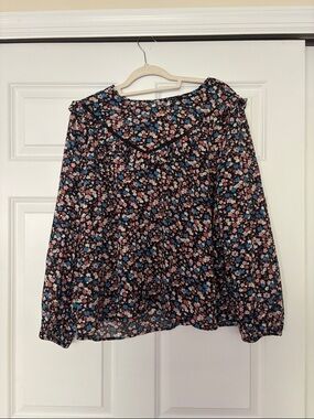 Madewell Black Floral Ruffle-Yoke Long Sleeve Blouse
